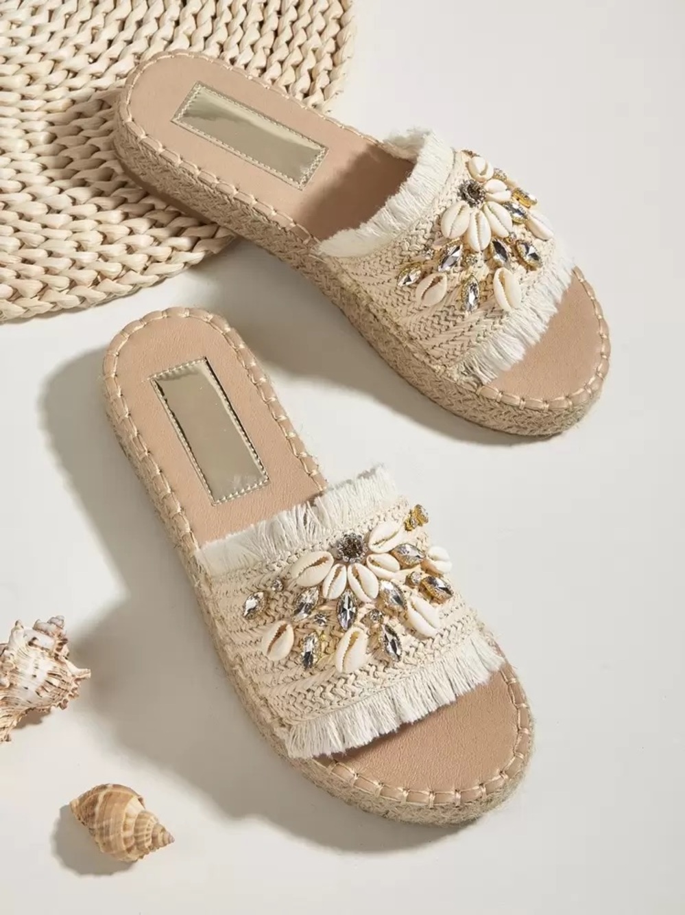 Shell Beige Tan Cream Raffia Espadrille Platform Sandals Flat Slip-On Slides